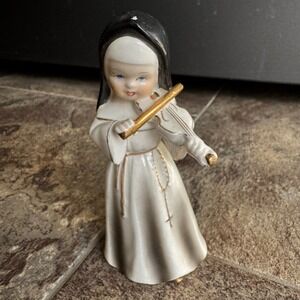 Vintage Ceramic Nun Playing‎ Violin Figurine Japan Religious Music Decor